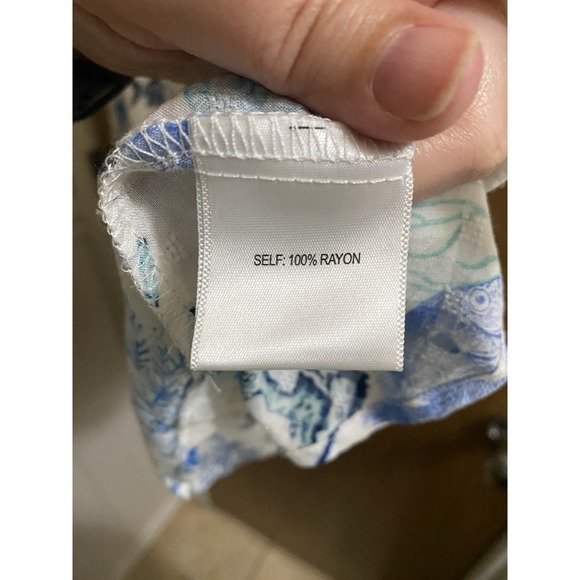 Jane + Delancey White Blue Sea Life Print Short Sleeve Button Blouse L Light - Picture 8 of 13